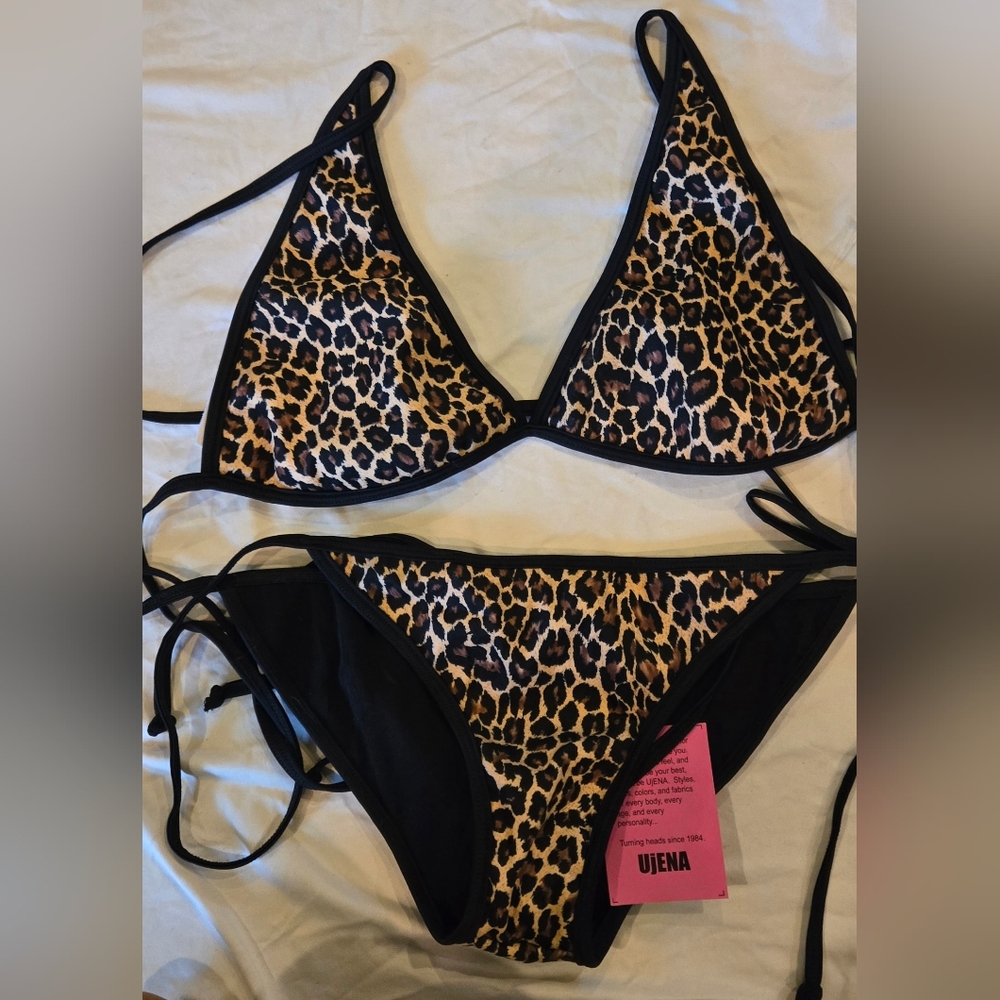 UjENA Women's Leopard Print Brown and Black String Bikini